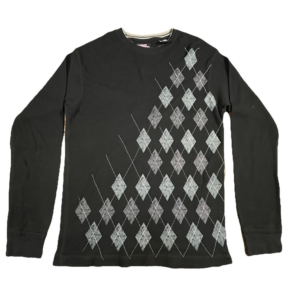 Y2K Point Zero Argyle Thermal Shirt XXL Black Gray Long Sleeve